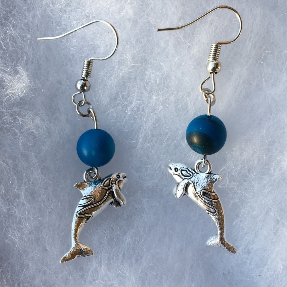 Blue Stripe Agate Whale Earrings - Picture 2 of 8